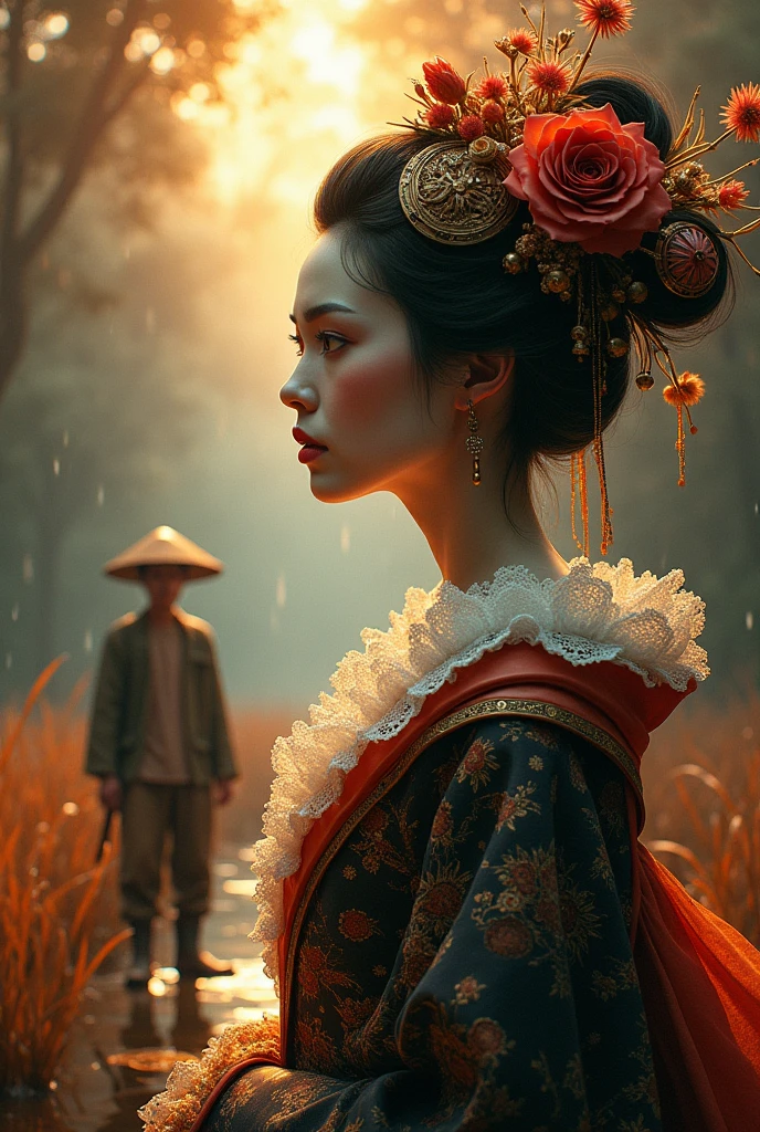 colored Voodoo and Demiurge symbols, terraforming with biomechanical enhancements, Peasant standing in a chinese rice watery field , in a swamp surrounded floating gipsy market, nearby a geisha clad in textured steampunk garb, her face as smooth as porcelain, rainy glass bubble water or elastic glass-like material, reddish hues, digital painting in a rust color scheme, gold and obsidian filigree, white lace, dramatic lighting casting sharp contrasts, ultra fine details capturing every texture, cinematic quality., Mysterious