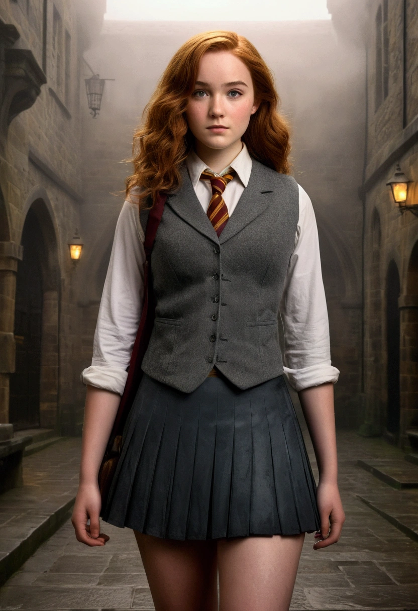An illustrated movie poster, hand-drawn, full color, a female Hogwarts student, 18-years-old, wearing a charcoal vest and a pleated skirt, toned, amazonian stature, athletic hourglass figure, full wide hips, massive round butt, long shapely legs, ridiculously thick powerful thighs, light hazel eyes, deep dark auburn hair, short curly bob cut, flushed sun-kissed complexion, freckles, resembles Genevieve O'Reilly, standing in a foggy Hogwarts courtyard, surrounded by mist, graphite shading, stencil marks, airbrushed acrylic paint, masterpiece, in the Deathly Hallows