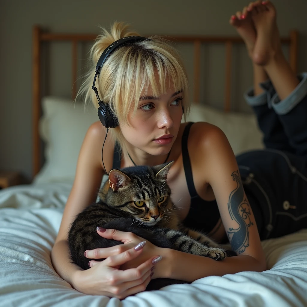 Masterpiese, best quality, Handsome,Baggy pants,Street fashion,18-year-old,Blonde,center-parted hairstyle , tattoo, Double eyelids,looking away , Headphones, lying on a bed with a natural curve in the body , viewed from the side , holding a cat