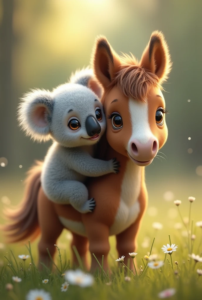create a photo of a baby koala on a baby horse make them cute