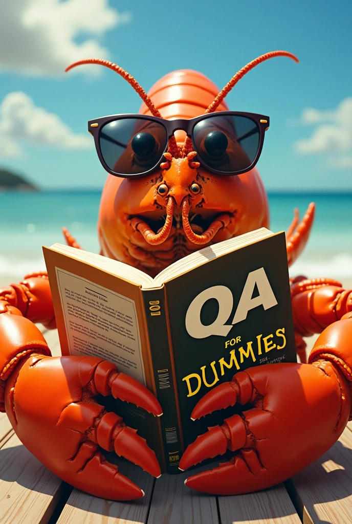 A tanned lobster with sunglasses that fit him. Et qui a un livre « QA for dummies »