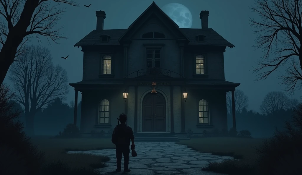 
"A dark and dark night scene, in which a farmer named Ramu stands in front of an old, scary and deserted mansion. The walls of the mansion are rotten, and its doors are broken. A large rusty bell hangs in front of the mansion, and beneath it lies a decaying chest. Surprise and curiosity are clearly visible on Ramu&#39;s face. In the background there is a deserted road and the shadows of the trees, making the atmosphere even more eerie.