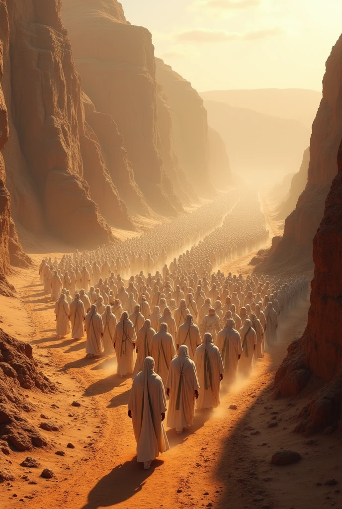 In the Middle Ages, and between the mountains, in the desert. A large army marches between the mountains. Above the horses. The camera angle is from above so that the entire army appears. They are wearing white abayas.