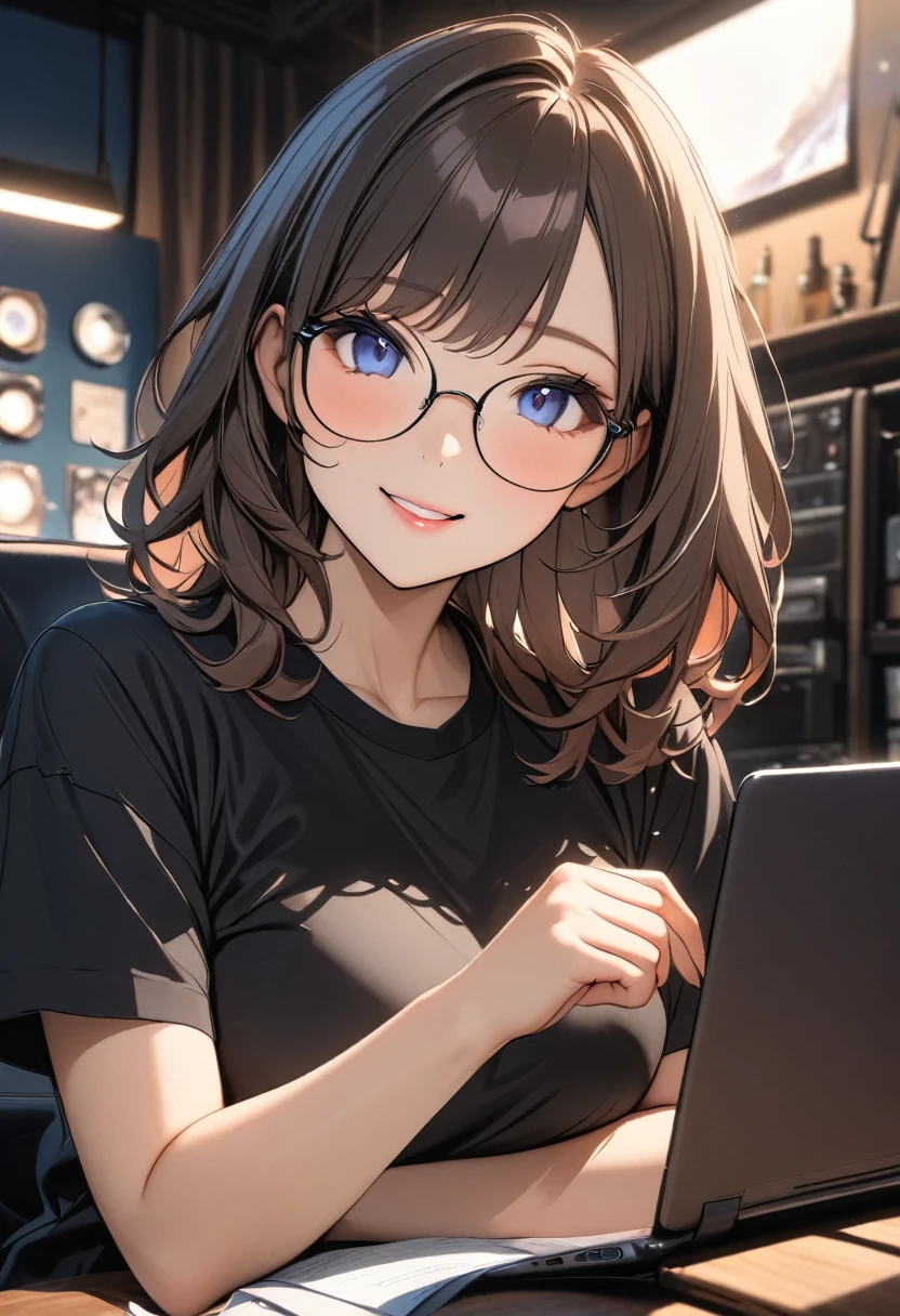 (best quality,4K,8K,high resolution,masterpiece:1.2),Very detailed,(Practical,photoPractical,photo-Practical:1.37),1 person,girl,Round Face,Beautiful Skin、contour、very handsome,wear glasses,Black curly hair,Smile,,blue eyes,Sharp eyes,Undoubtedly perfect face,Office Background,Cinema Lighting,hdr image,Black T-shirt