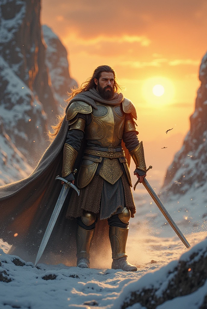 Create an image of Aragorn, a human warrior in an epic battle within the context of Lord of the Rings. He is wearing golden armor and wielding a shining sword. The battle takes place in a vast field surrounded by mountains during a dramatic sunset. The environment is cold and snowy, with strong winds and falling snowflakes. The image style is realistic, with very precise details and rich textures.