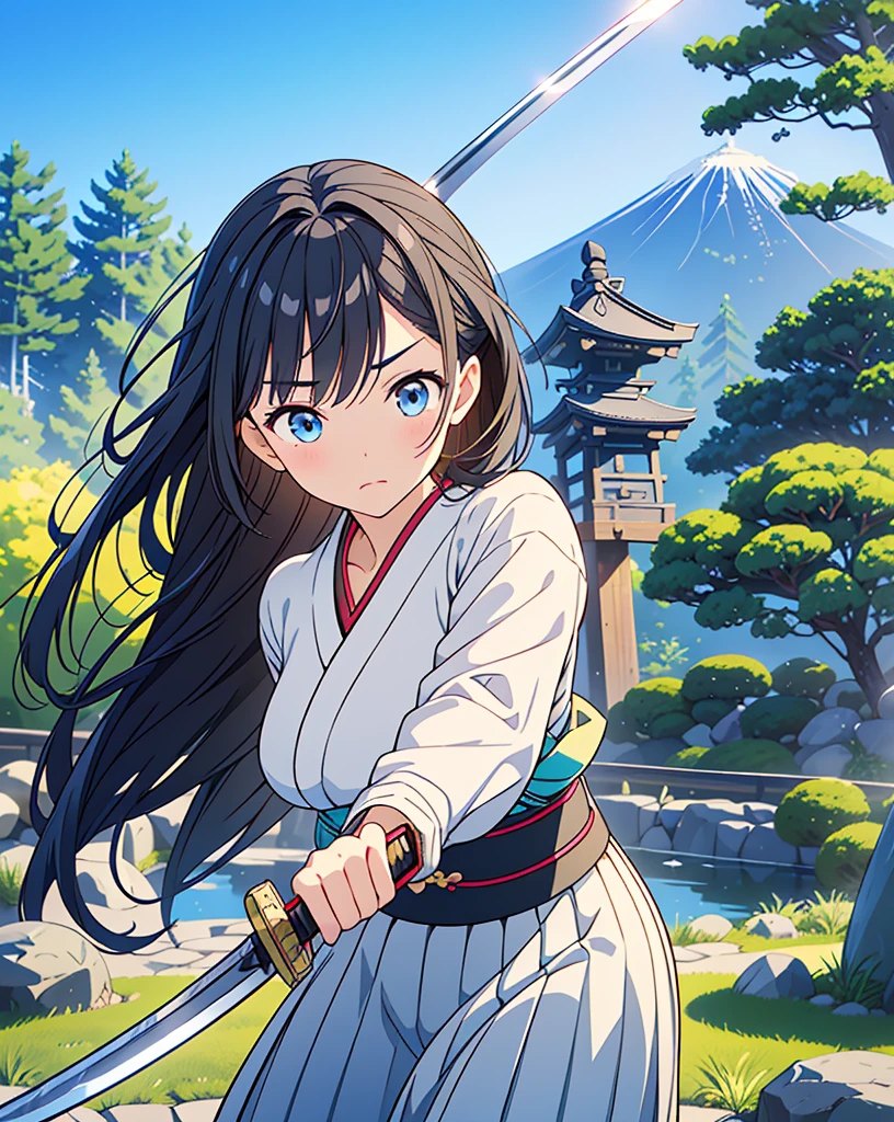 Highest quality, 32K, High resolution, masterpiece:1.5, One beautiful Japan girl,Illustration with anime touch, Rich emotional expression, An exceptionally beautiful face, Perfect Human Anatomy, Big light blue eyes, Motherhood and generosity, Deep Love, Wake up, Expressing emotions, Have a rich imagination, Cute Japan, Perfect Human Anatomy, Magical big eyes, decision, Powerful expression, Shiny black hair, Ponytail swaying in the wind, Asymmetrical bangs, Hair between the eyes, Transparent, soft white skin, Sharp eyebrows, Thin lashes, Detailed and cute lips, ((Detailed beautiful Japanese garden:1.2)), ((A swordsman wielding a Japanese sword:1.4)), ((Blue sky:1.1)), Slim figure, Beautifully detailed skies, mysterious