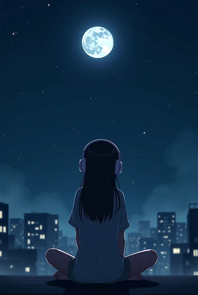 A black-haired girl sitting on a roof at night, wearing headphones and looking at the moon 
