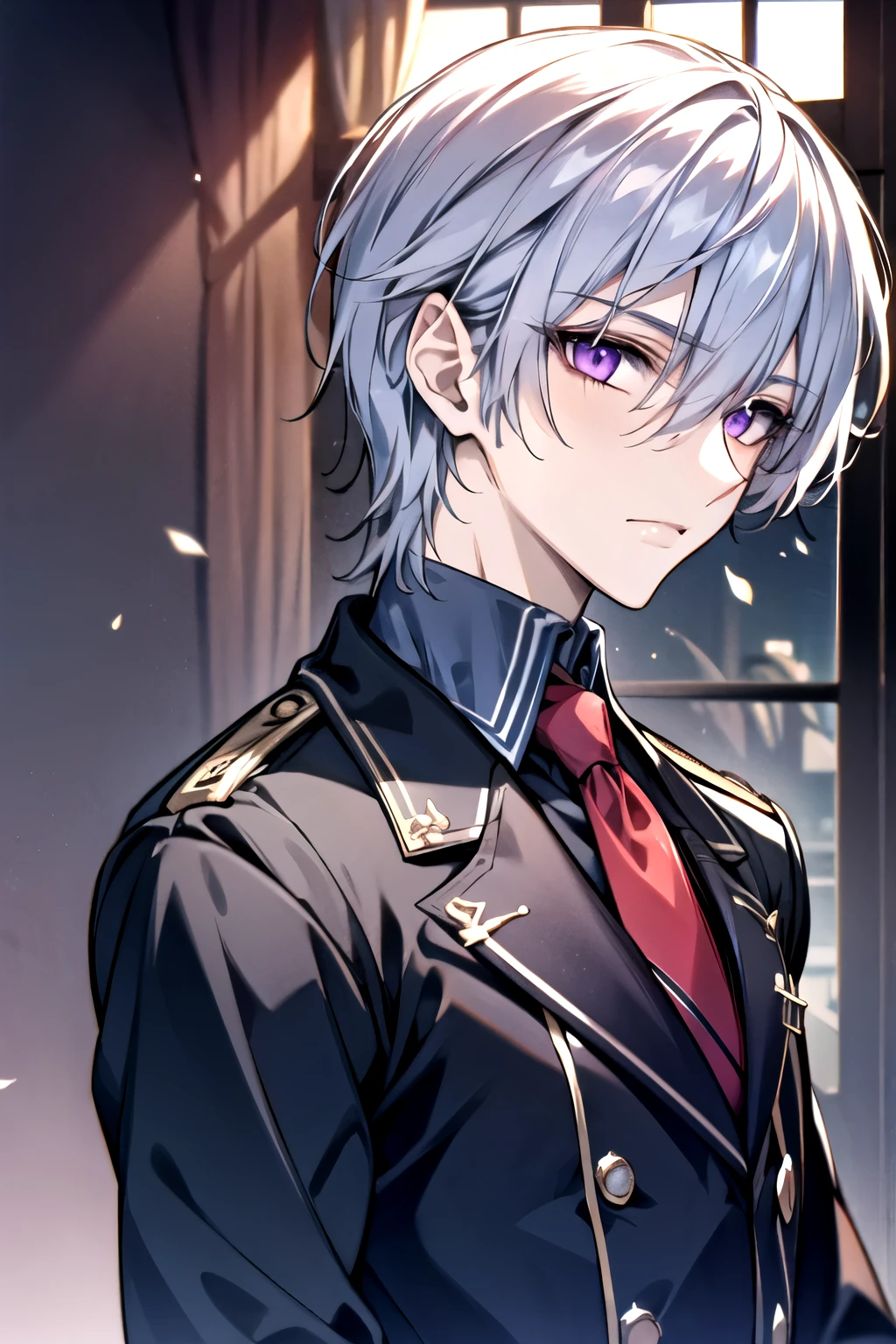 (absurdres, highres, ultra detailed, HDR), masterpiece, best quality, 1boy, solo, male focus, looking at viewer, upper body, depth of field, anime coloring, , zero_kiryuu, grey hair, purple eyes, finely eye and detailed face, window, purple curtains, black uniform, vampire knight, arms behind back, solid crimson background, (arms behind back), 