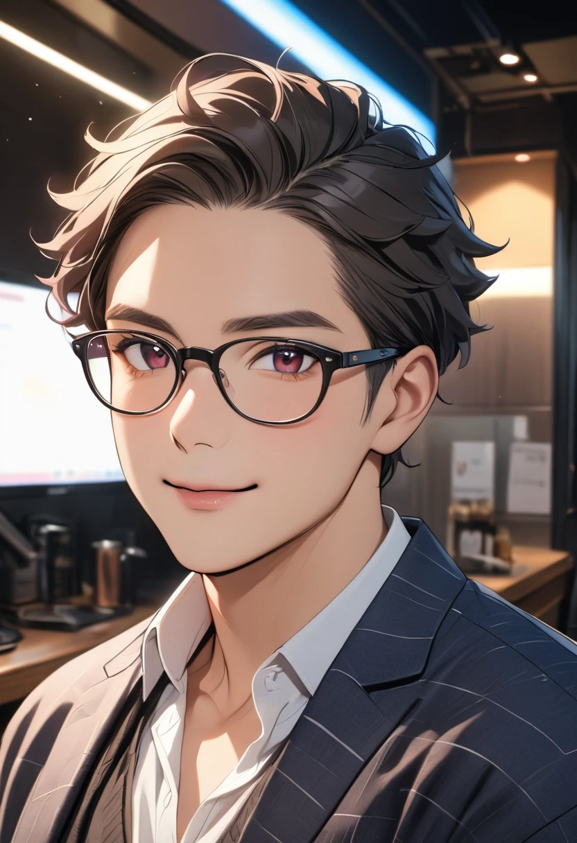 (best quality,4K,8K,high resolution,masterpiece:1.2),Very detailed,(Practical,photoPractical,photo-Practical:1.37),1 person,Mature man,Beautiful Skin、contour、very handsome,wear glasses，Black curly hair,Smile,,blue eyes,Sharp eyes,Undoubtedly perfect face,Office Background,Cinema Lighting,hdr image,Black T-shirt
