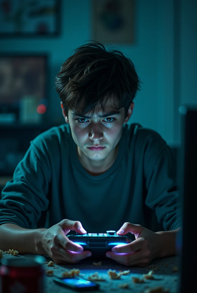 Generate an image of a person with video game disorders, more critical, adolescent, no injuries