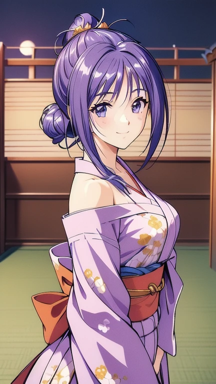 ((masterpiece, Highest quality, Highest quality, Official Art, beautifully、beautiful:1.2)),((masterpiece)),((Vibrant colors)),((Ayako Katagiri)),((A happy smile)),((kimono)),((looks fun)),,(Porch of the ryokan),(Shoulders exposed),(full moon),(Cherry Blossoms at Night),(2),(B Cup Bust),(Kyoto)