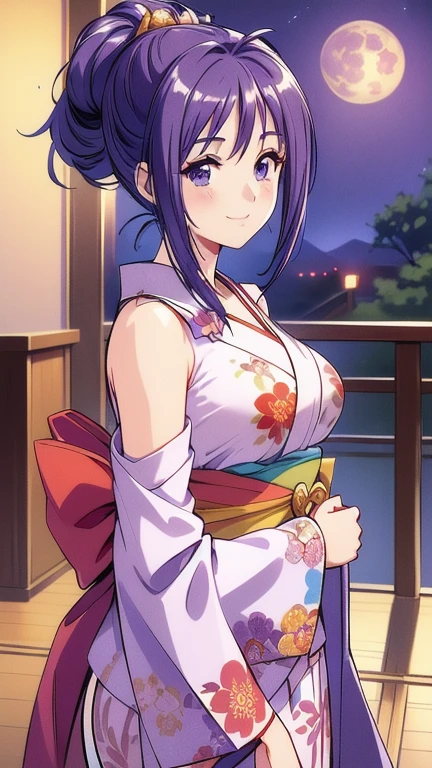((masterpiece, Highest quality, Highest quality, Official Art, beautifully、beautiful:1.2)),((masterpiece)),((Vibrant colors)),((Ayako Katagiri)),((A happy smile)),((kimono)),((looks fun)),,(Porch of the ryokan),(Shoulders exposed),(full moon),(Cherry Blossoms at Night),(2),(B Cup Bust),(Kyoto)