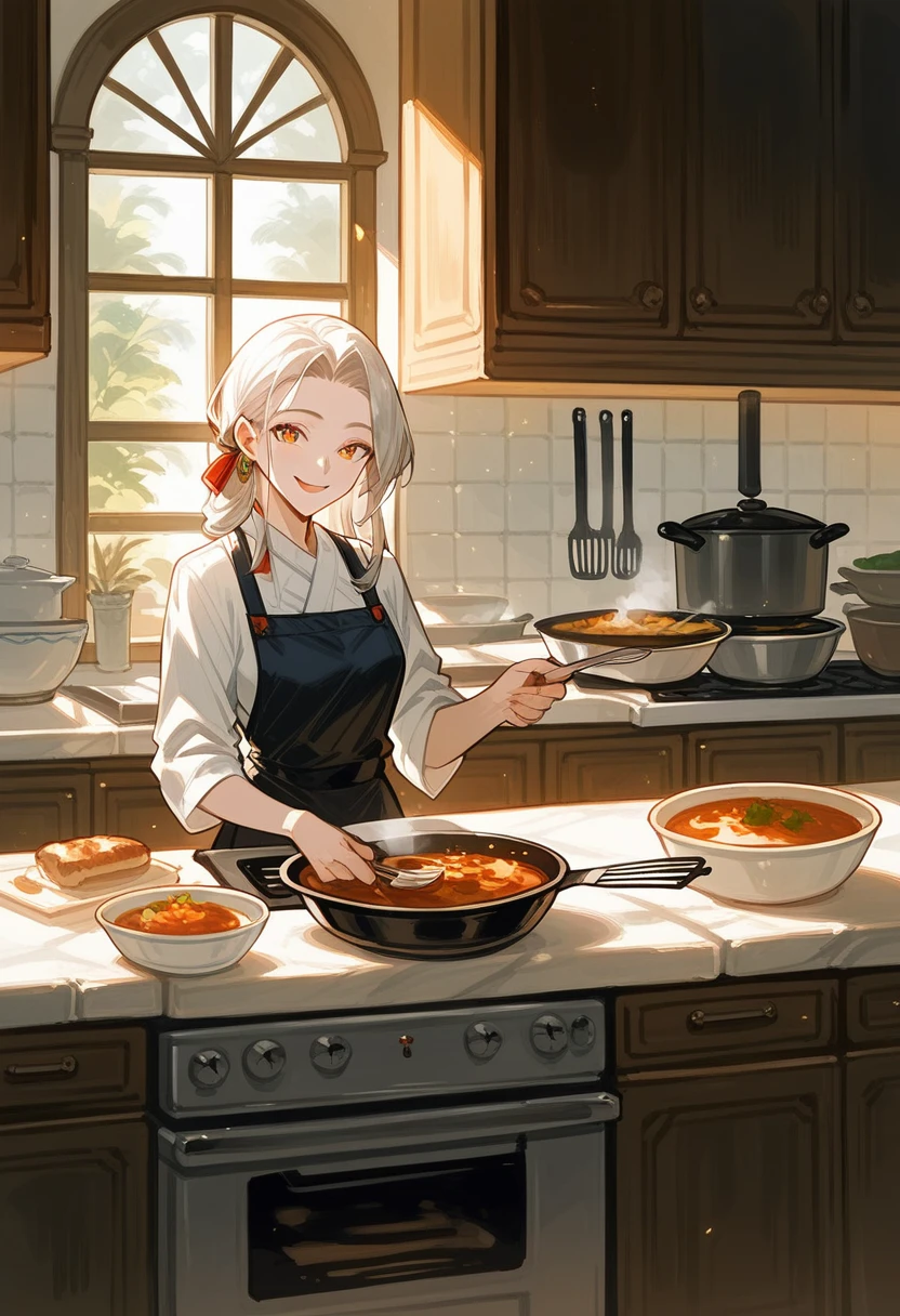 rating_safe, score_9, score_8_up, score_7_up, score_6_up, score_5_up, score_4_up, hires, cover page, Cuisine Information Journal, highres(lovers, housekeeper girl, cooking, wolf husband)Newlyweds, kitchen, smile, cinematic lighting,