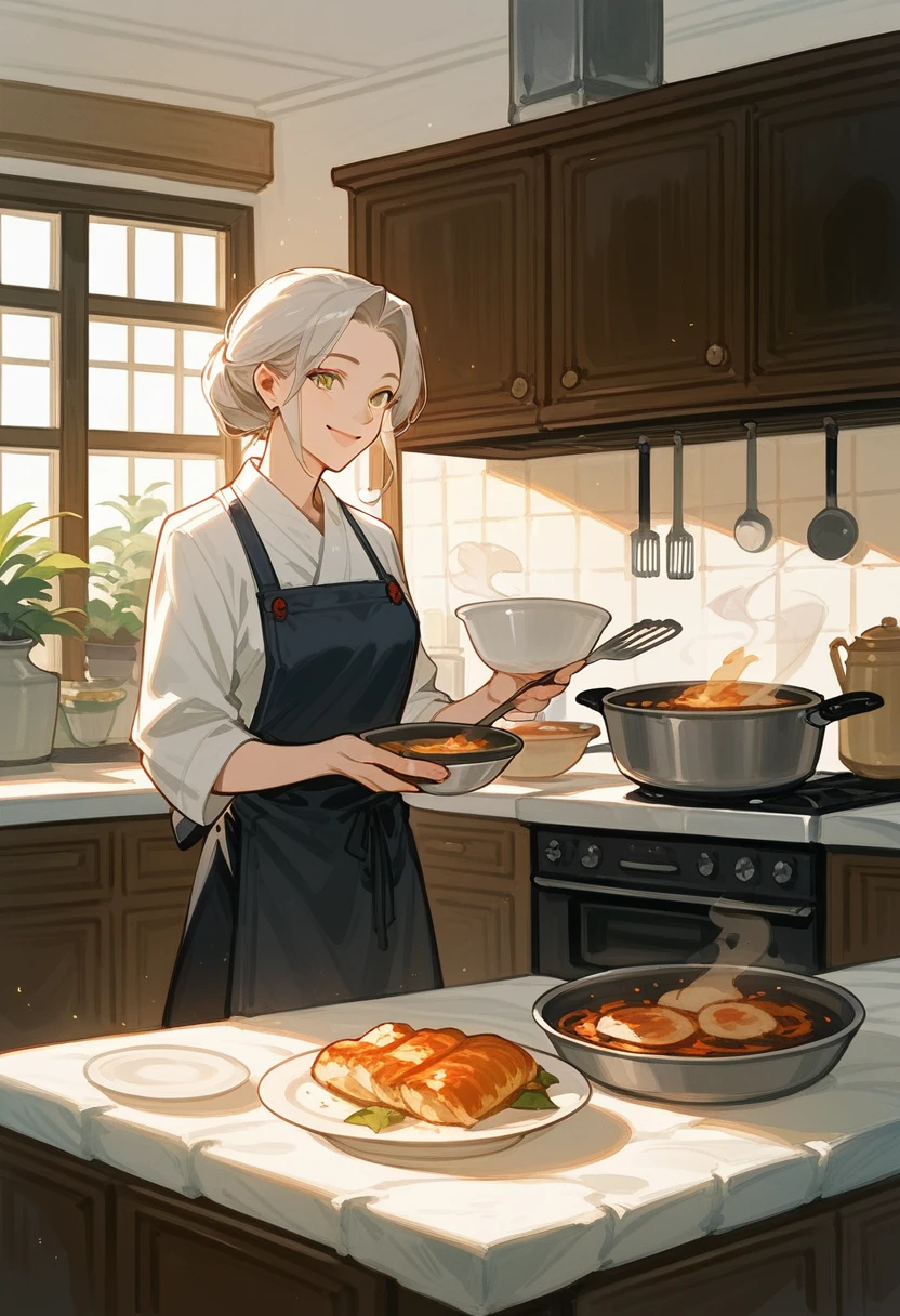rating_safe, score_9, score_8_up, score_7_up, score_6_up, score_5_up, score_4_up, hires, cover page, Cuisine Information Journal, highres(lovers, housekeeper girl, cooking, wolf husband)Newlyweds, kitchen, smile, cinematic lighting,
