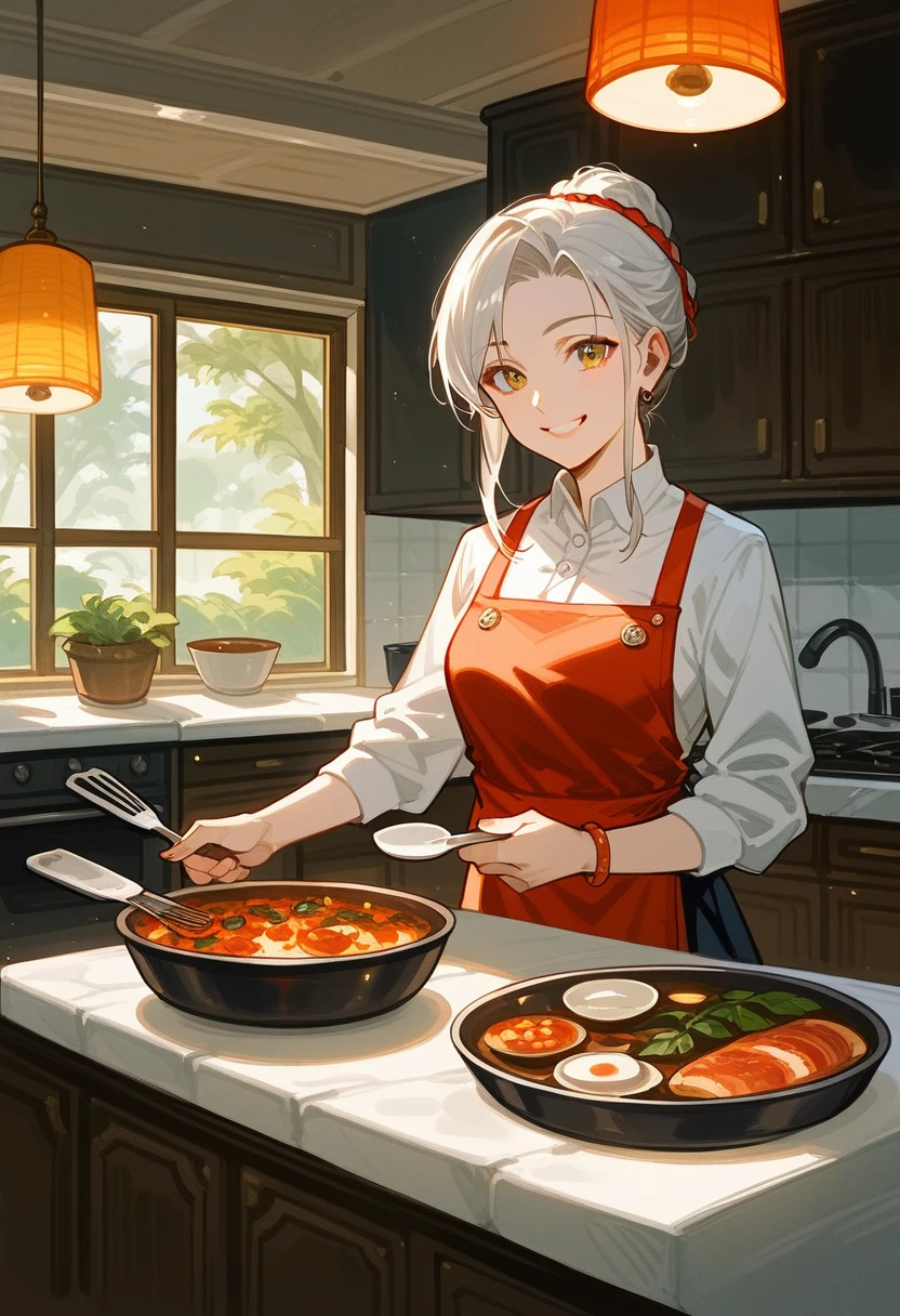 rating_safe, score_9, score_8_up, score_7_up, score_6_up, score_5_up, score_4_up, hires, cover page, Cuisine Information Journal, highres(lovers, housekeeper girl, cooking, wolf husband)Newlyweds, kitchen, smile, cinematic lighting,