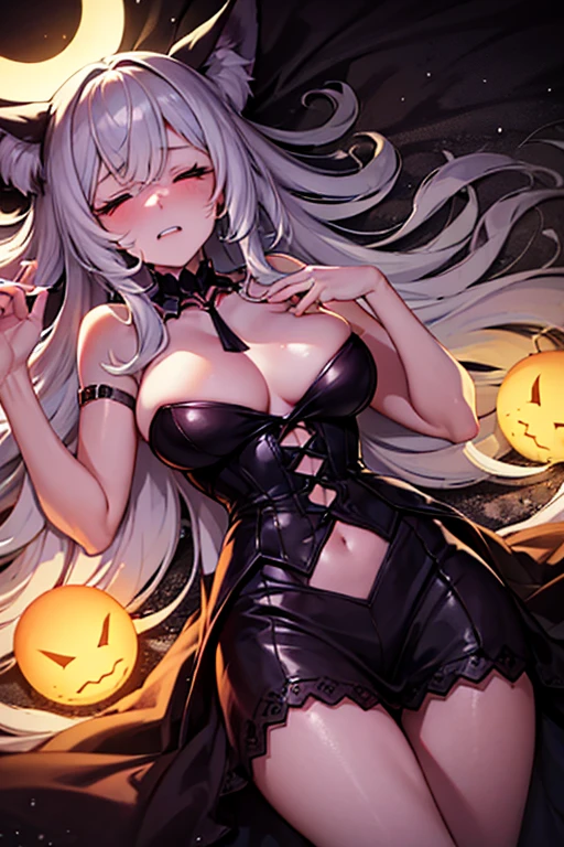 A seductive white-haired female monster collapses on her back on a dark road at night, closing her eyes in pain and clenching her teeth.