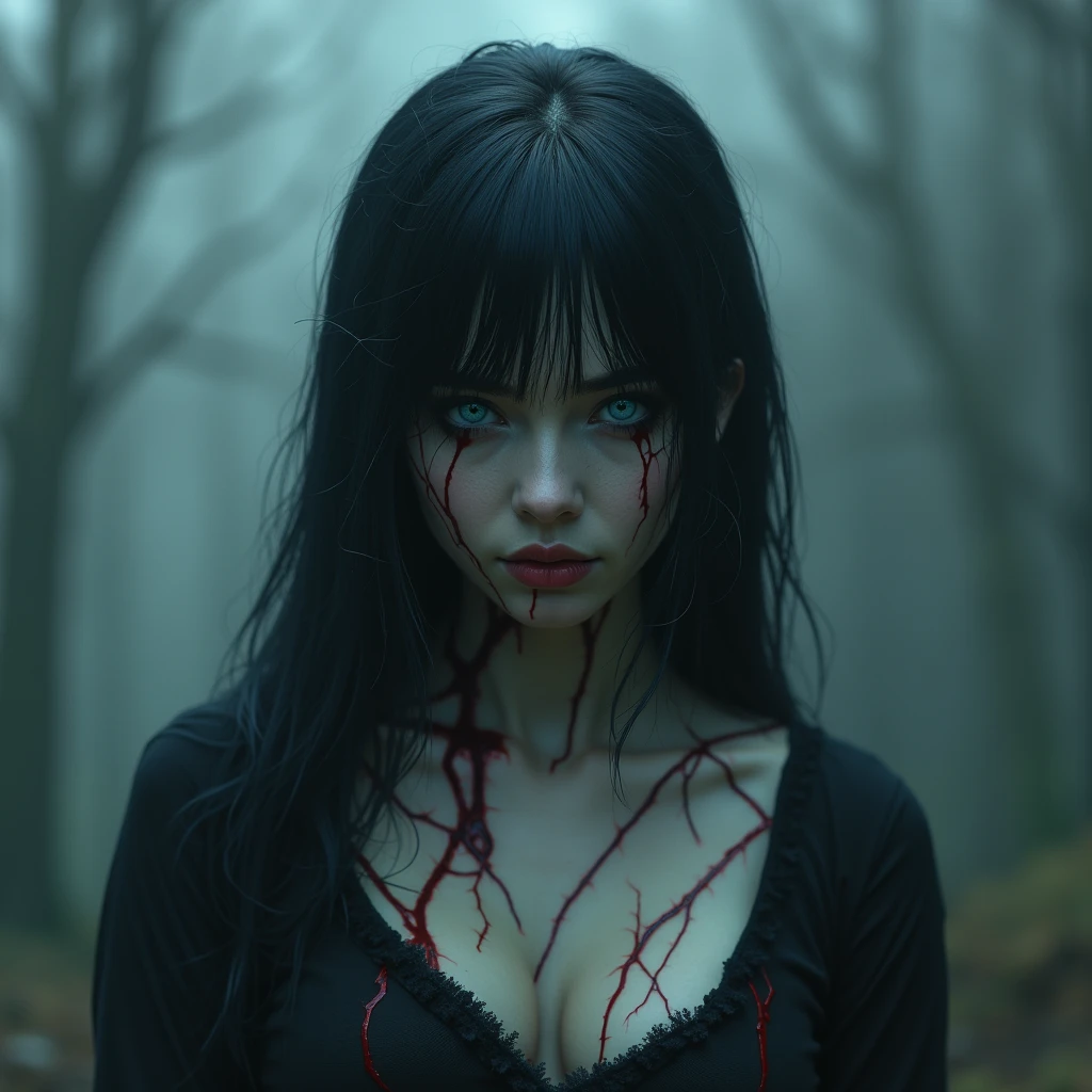 Very pale skinned woman with black and red veins all over her body in a terrifying way, ghostly aspect. sapphire blue eyes and jet black hair. downcast expression 