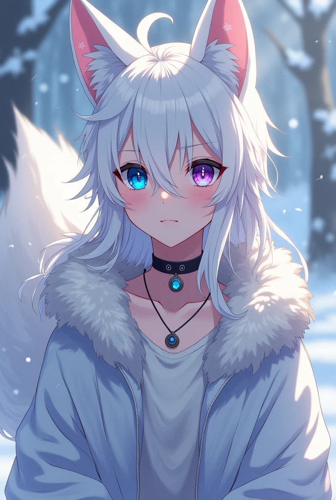 Boy between 16 and 1 with long hair, White fox ears and tail and fur with blue heterochromia in the right eye and violet in the left eye. , with a black choker with a 5cm round translucent blue crystal pendant attached to the choker, con copos ❄ al estilo anime
