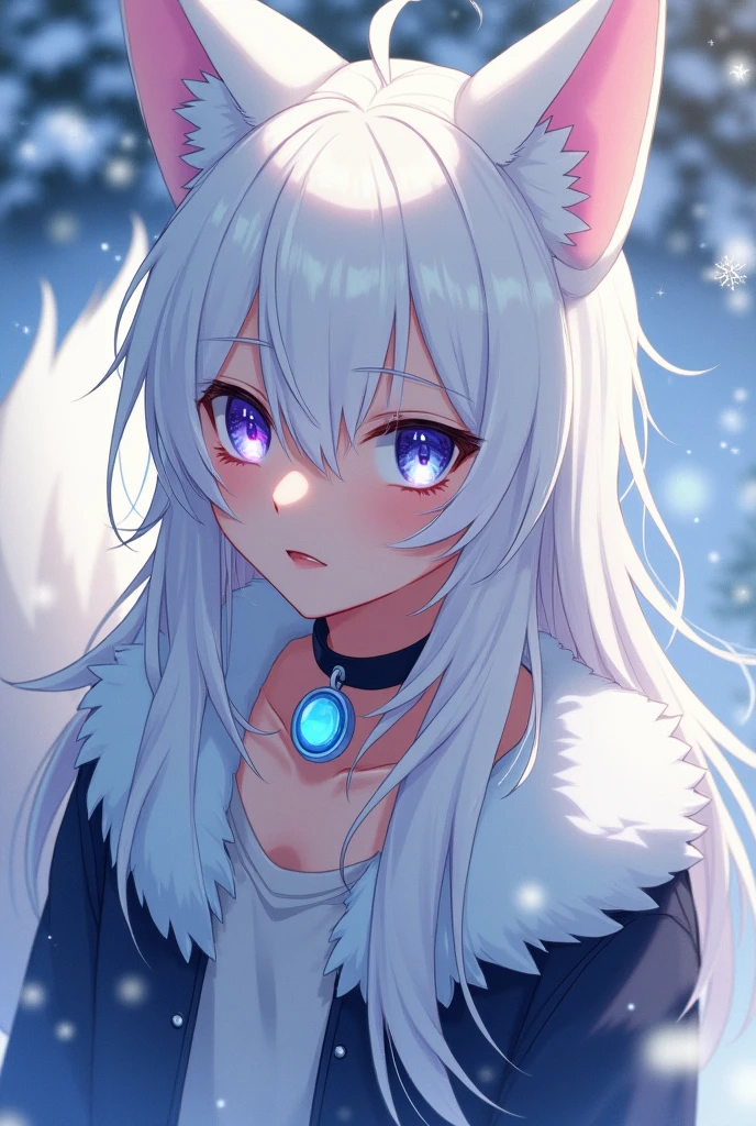 Boy between 16 and 1 with long hair, White fox ears and tail and fur with blue heterochromia in the right eye and violet in the left eye. , with a black choker with a 5cm round translucent blue crystal pendant attached to the choker, con copos ❄ al estilo anime
