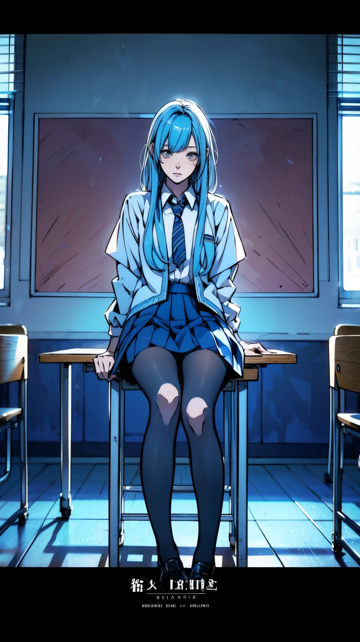 Reference Sheet, Character Design, One person, Long light blue hair, dark blue, sit in classroom, Modern black school uniform, anime