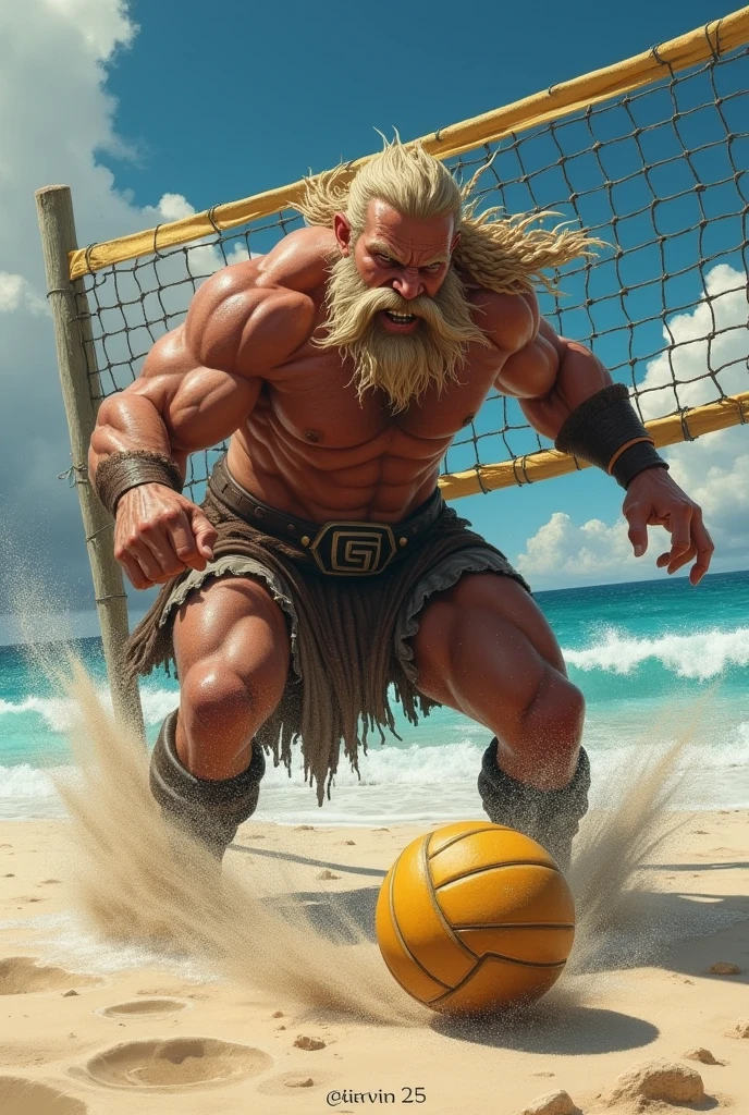 A Viking is playing volleyball and is spiking the ball making it hit the ground 