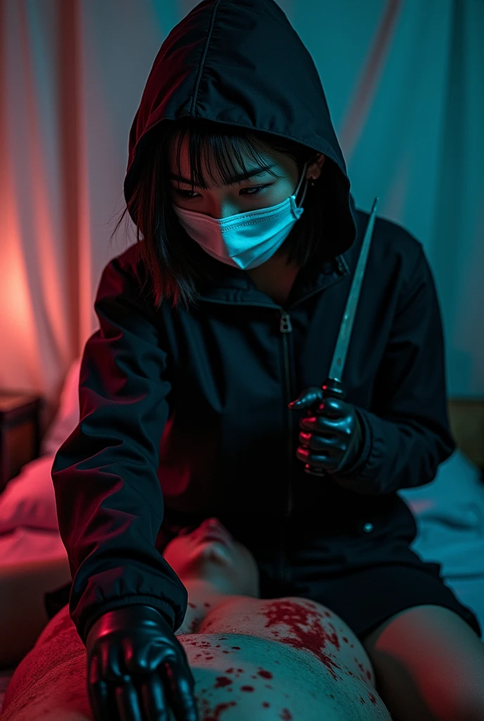 korean girl, (behind stiff, holding knife), surgical mask, black leather gloves, room, black raincoat, hood up, holding knife, leather gloves, woman on top, behind cadaver, blood splatter, bed room, night, mass murderer, killer, short hair, blood splatter, dark atmosphere, cinematic lighting, atmospheric realistic, neon lighting, close-up, tripod and camera in the back, shooting with camera