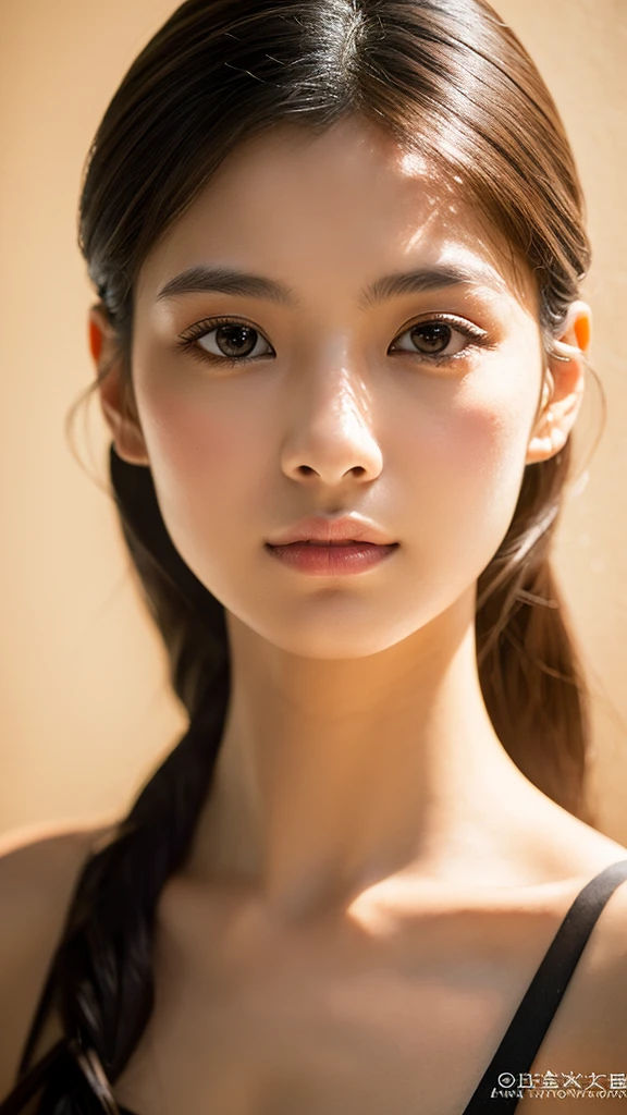 A hyper-realistic image of a Japanese woman in her early 20s, so lifelike that she could be mistaken for a real person. Her skin has a natural, warm beige tone with realistic texture, including subtle pores and slight variations in tone that add to the authenticity of her appearance. The natural light softly illuminates her, casting gentle, diffused shadows that enhance the realism without overpowering her features. Her straight, glossy black hair frames her face naturally, and her deep brown eyes reflect the ambient light, adding depth and emotion. She is dressed simply, in a way that complements her natural beauty, with the overall composition designed to evoke a sense of serene, understated elegance. The use of natural light and the realistic texture of her skin make this image indistinguishable from that of a real woman.