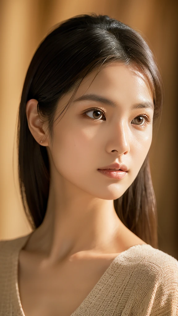 A hyper-realistic image of a Japanese woman in her early 20s, so lifelike that she could be mistaken for a real person. Her skin has a natural, warm beige tone with realistic texture, including subtle pores and slight variations in tone that add to the authenticity of her appearance. The natural light softly illuminates her, casting gentle, diffused shadows that enhance the realism without overpowering her features. Her straight, glossy black hair frames her face naturally, and her deep brown eyes reflect the ambient light, adding depth and emotion. She is dressed simply, in a way that complements her natural beauty, with the overall composition designed to evoke a sense of serene, understated elegance. The use of natural light and the realistic texture of her skin make this image indistinguishable from that of a real woman.