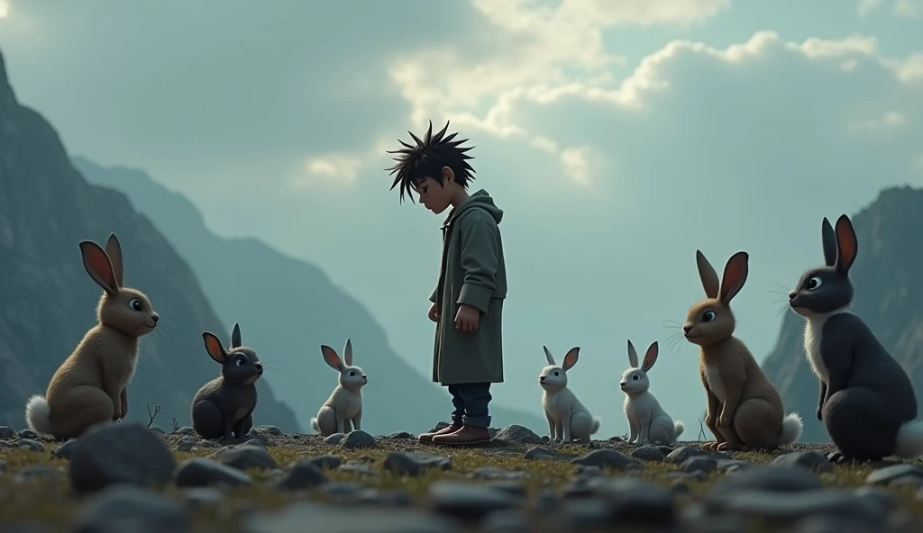 Description: "Téo is on a flatter part of the mountain, with a tired and sad look, In the distance, animals like rabbits and birds watch him and make critical gestures, some laughing and others shaking their heads in disbelief. Téo has his head down, but there is a glint of determination in his eyes. The landscape is still mountainous, with sparse vegetation and gray sky. The scene captures the emotion of the moment, with detailed facial expressions and a highly emotive 3D style, similar to Disney Pixar&#39;s animation style."