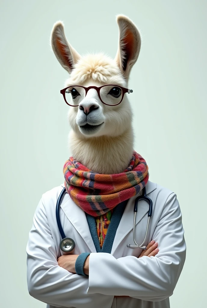 A LLAMA WITH GLASSES AND A MEDICAL COAT SCARF
