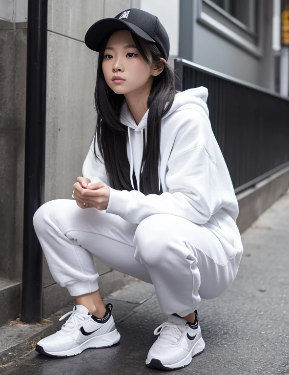 White hoodie,Het Fong,Black and white sneakers,Hold a candy