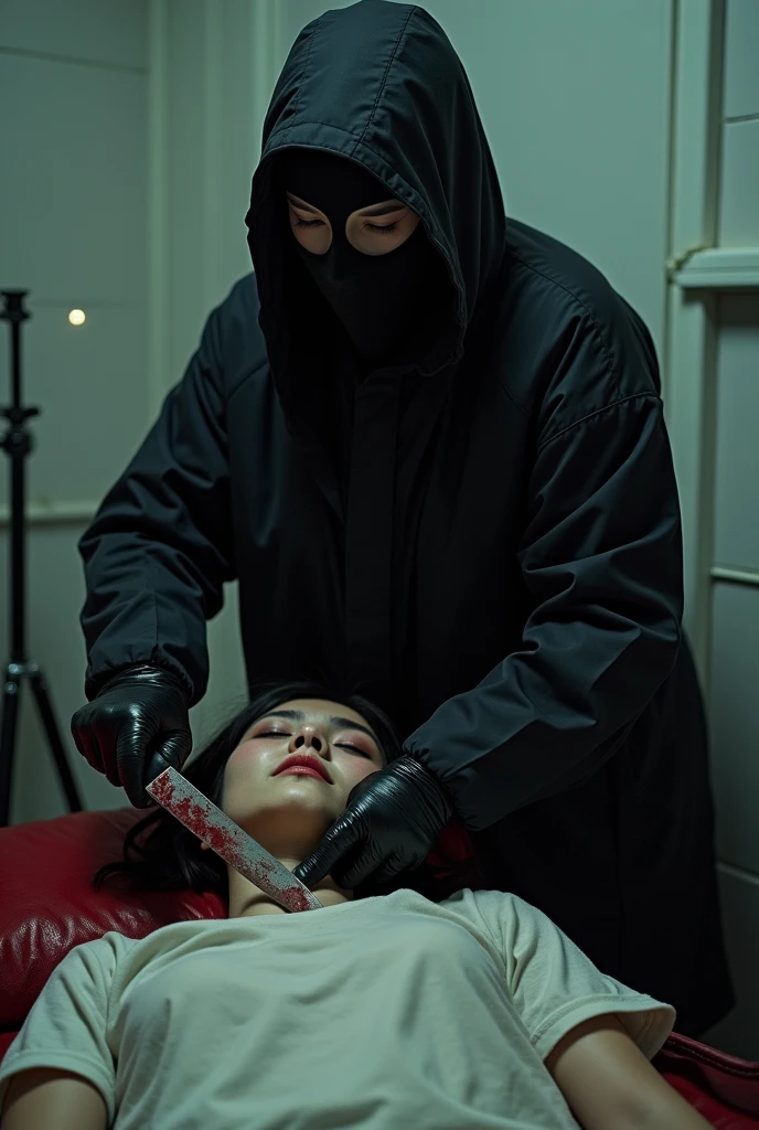 korean girl, (behind stiff, black balaclava mask), holding knife, stabbing, black leather gloves, bath room, black raincoat, girl only, holding knife, leather gloves, woman on top, behind cadaver, looking at viewer, blood splatter, night, mass murderer, killer, blood splatter, tripod and camera in the back, shooting with camera