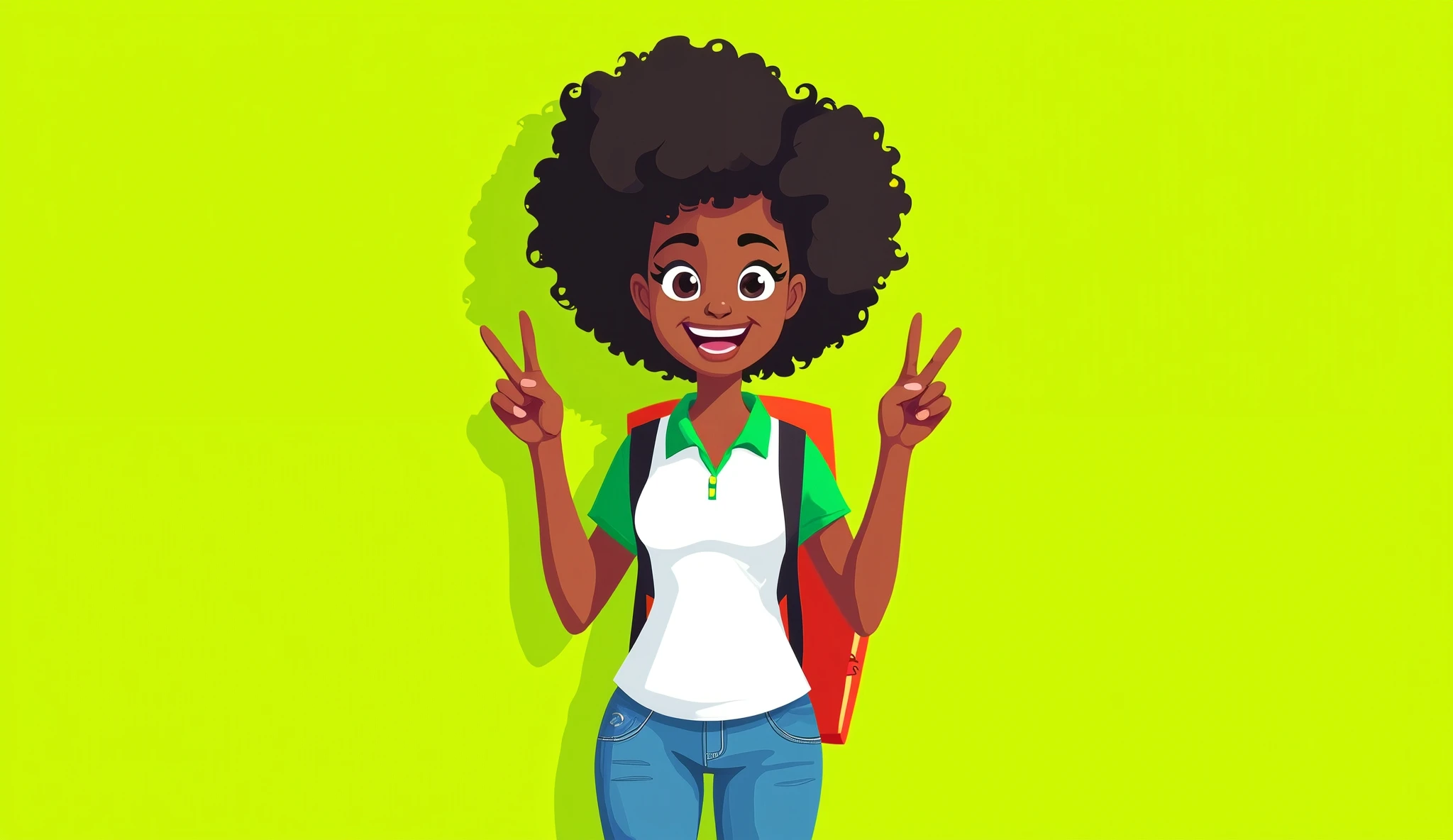 create a 2D cartoon illustration in flat design style, with the flat colors of a 15-year-old mulatto woman wearing a white polo shirt with green sleeves and collar, and jeans, with backpack and holding some books, very smiling and making the peace gesture on a lime green background