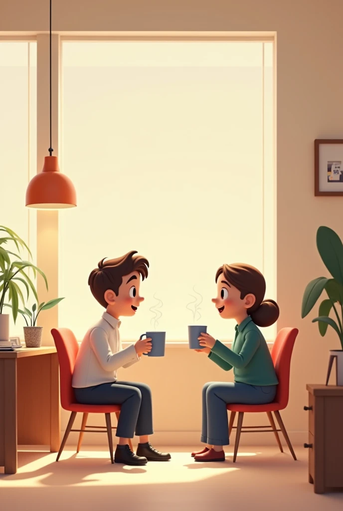 Office with two people talking and one of them is holding coffee in his hand small 2d animation