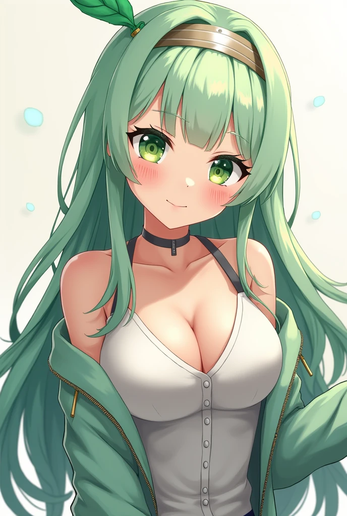 Create an anime character of an 18 year old girl with long hair, light green hair with Flat bangs and green pupils, a firm eye shape and a cheerful and naughty personality, she wears slightly sexy clothes Showing chest and wearing headband on her hair