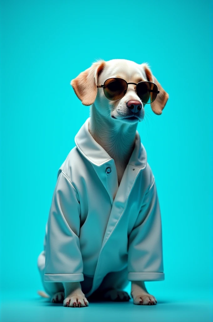 The best cell phone wallpaper, Award-Winning Wallpaper, portrait photography, In the front view is a portrait of a cute dog wearing mid-1960s space age fashion, Side view photo, Shot with Canon EOS R5, Set a strong contrast that accentuates the subject, Fluorescent blue tone, Wearing a very modern coat and sunglasses is a modern 1960s style, Clothes all in one color, beautiful background