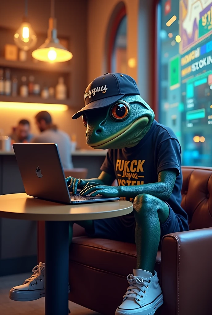 Create a scene of a humanoid black frog, for a cryptocurrency project, with a "Froggus" cap, "Fuck The System" t-shirt and stylish sneakers, sitting in a cafe, typing on a laptop with a blockchain mural background
