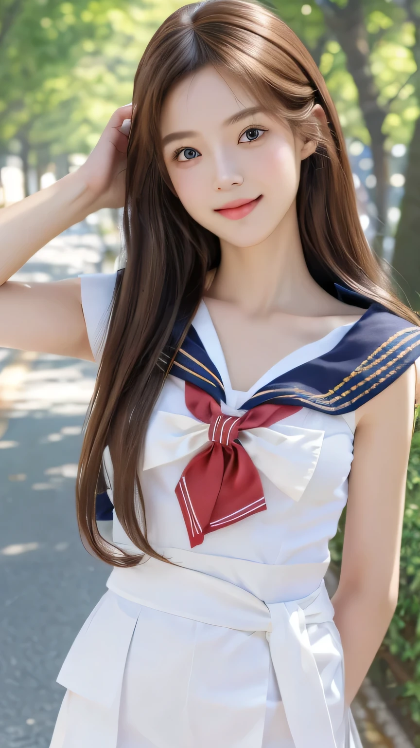 Non-NSFW、Real、(Highest quality), (masterpiece)、Ultra-high resolution、RAW Photos, (upper body), (Tree-lined street:1.5), Fantasy、Looking into the camera、alone、(elemental Sylph:1.1), Beautiful Spirit、Super Beauty, (immature:1.2), (16years-old:1.2)、Moisturized Skin、Perfect model body、Beautiful Eyes、Big eyes, (brown eyes:1.2)、Inconspicuous tear bags、slim、Beautiful fingers、Very long hair、highly saturated photos, clavicle, attractive,skinny, (smile:1.4), (Small breasts:1.1), (brown hair), (Waist-length hair:1.5), Small Ass, lips, (sailor uniform:1.5),(white denim pants:1.2),(red tie:1.2), (high heels:1.1), (Several poses:1.1)