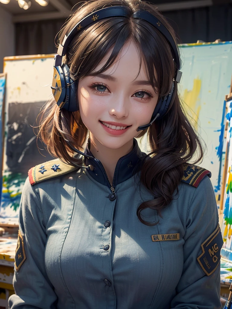 (best quality,4K,8k,high resolution,masterpiece:1.2), very detailed, (In fact,photoIn fact,photo-In fact:1.37), (beautiful and delicate eyes, beautiful and delicate lips, very detailed 눈과 얼굴), studio lighting, Physically Based Rendering,vivid colors , super big奶, super big:0.8), (military uniform or navy, tactical headset, operations command center:1.5), (soft light:0.painting, smile and laugh:1.5),