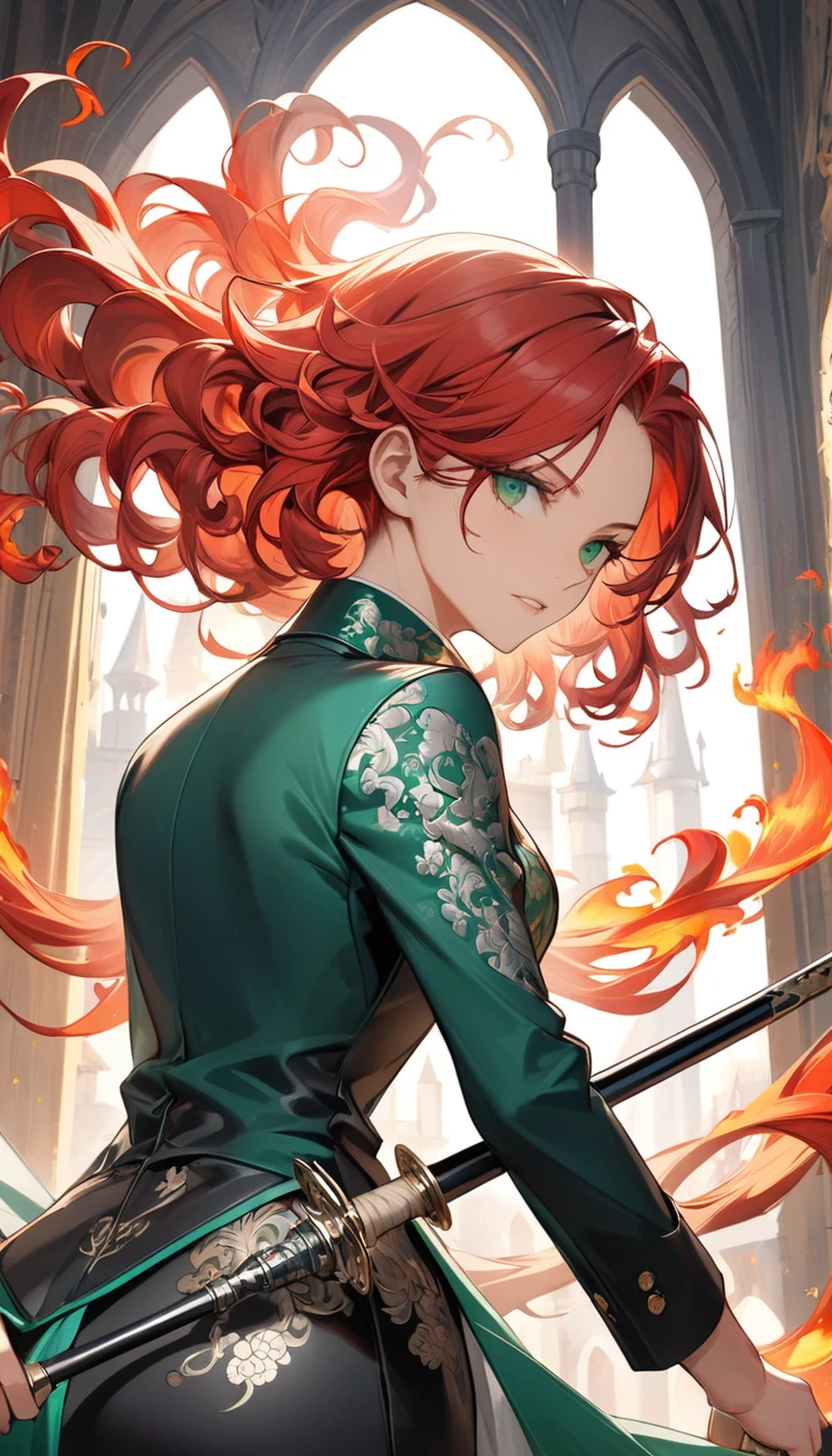 A majestic, slender-built woman with emerald green eyes, sharply defined facial features, and elegantly, adorned with a magnificent, wild mane of curly, fiery red hair that cascades down her back, wearing a fitted, high-collared black leather jerkin with intricate silver brocade embroidery, grasping a slender, ornate rapier with an ivory hilt, castle interior