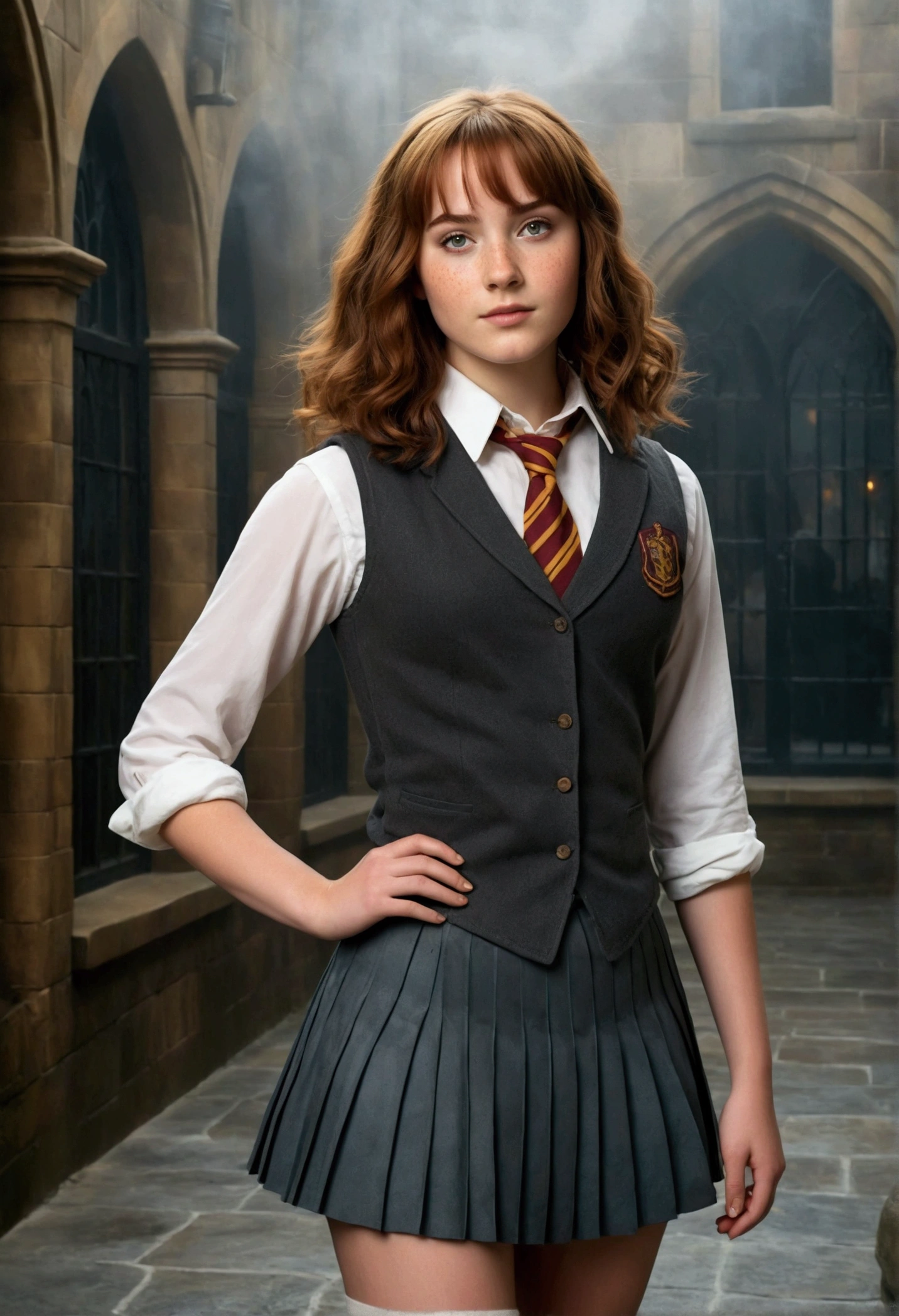 An illustrated movie poster, hand-drawn, full color, a female Hogwarts student, 18-years-old, wearing a charcoal vest and a pleated skirt, toned, amazonian stature, athletic hourglass figure, full wide hips, massive round butt, long shapely legs, ridiculously thick powerful thighs, vibrant hazel eyes, deep dark auburn hair, short curly bob cut, flushed sun-kissed complexion, freckles, resembles Genevieve O'Reilly, standing in a foggy Hogwarts courtyard, surrounded by mist, graphite shading, stencil marks, airbrushed acrylic paint, masterpiece, in the Deathly Hallows