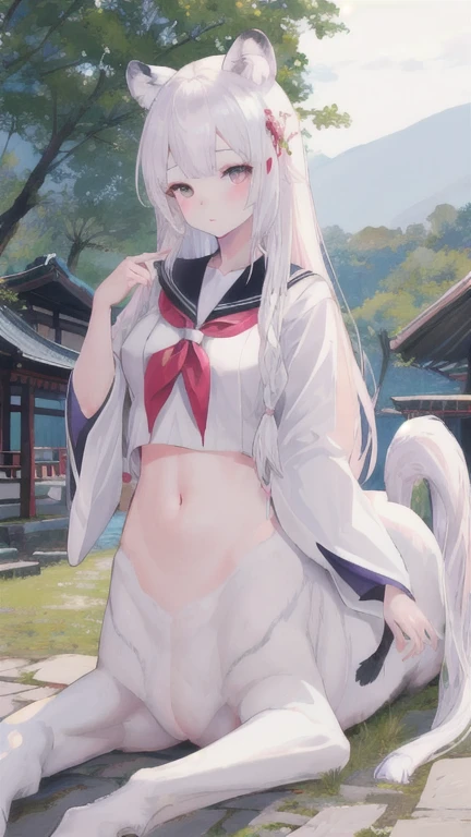 (best quality, masterpiece), 1 girl, centaur, I beg, White skin, Japanese schoolgirl, daughter, black pink, exposing the abdomen, Birth , beautiful girl perfect, White tiger photo, 완벽한 White tiger photo