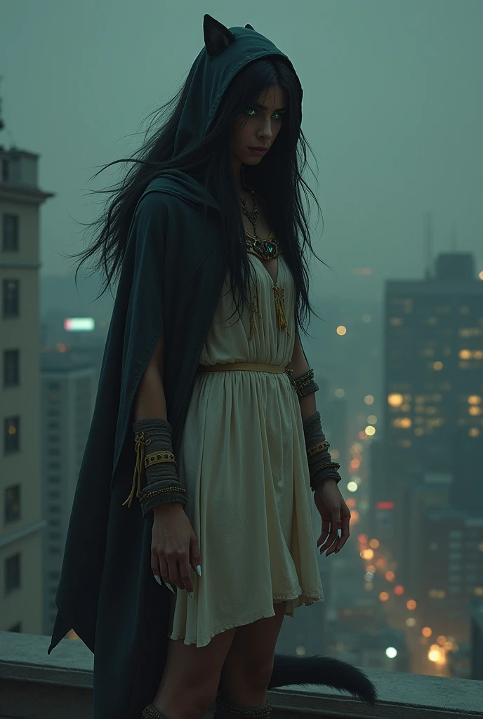 Wild woman in simple white native knee-length dress, wearing a black hooded robe, your hair comes out in front. She has greenish-yellow eyes and sharp claws and a wolf's tail.. Standing in fighting pose, looking at the city at night from the top of the building