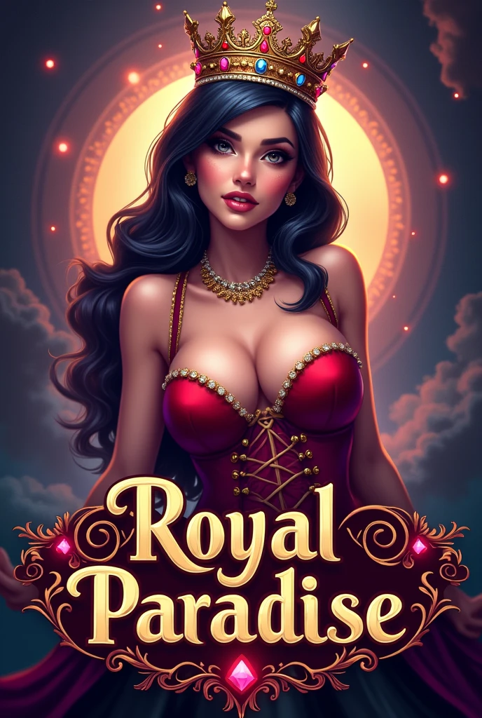 Generate a gaming platform logo named royal paradise using a sext gamer girl with crown with gamer dress and please write ROYAL PARADISE on image