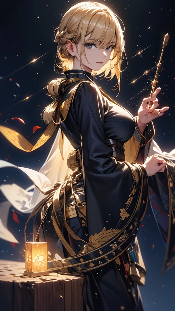 masterpiece, high quality, 4K, Beautiful design, silhouette,blonde, 非常に詳細な夜のStarry Sky,World of Time, wonderful, Finer details, Very knowledgeable woman, Highly detailed solo, 1 female,Big Breasts,Butt Emphasis,High-neck dress,No sleeve,Night view,Starry Sky,full moon,How to sit,firework,