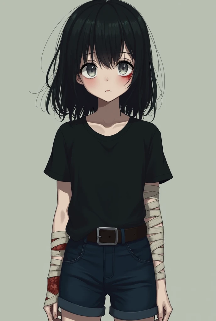 Girl with pale skin and medium-length black hair. The eyes are white. in a black tee shirt. navy blue shorts.Blade cuts and self-mutilation remain under the bandages. She suffers from self-harm. She is short in stature, 167-168 cm. Weight 47 kg.