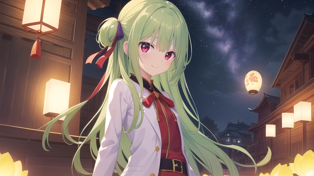 ((masterpiece)),(best quality),Official Art,Extremely detailed CG,Unity 8K wallpaper,Very detailed,Beautiful and delicate eyes,Extremely detailed face,1 girl,solitary,,(whole body:1.5),(small:1.3),Smile,,Murasame,Very long hair,Green Hair,Face Up,Purple bow,hairpin,Side chains,Bangs,Red Eyes,Neck strap,Red belt,Chinese elegant style,White coat,Cut a piece of time,Slowly flowing into the moonlight, Slight fluctuations. Play a piece of fragrant lotus pond. Beautiful piano music falls beside me. Fireflies light up the night sky.