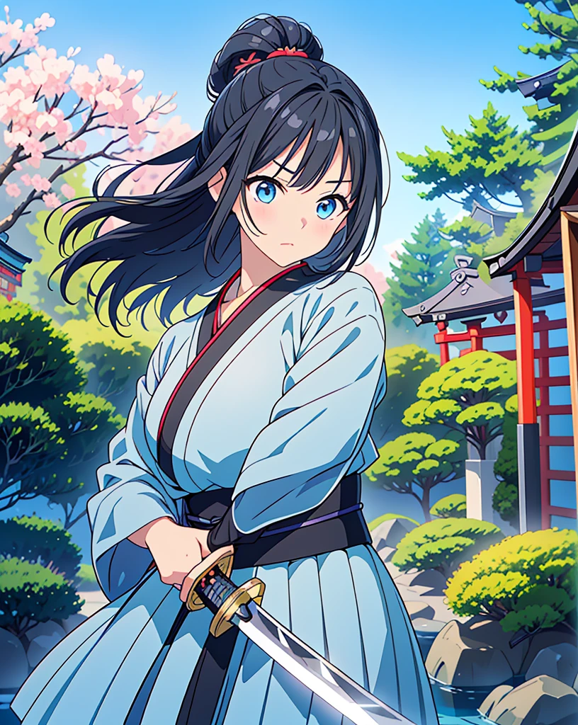 Highest quality, 32K, High resolution, masterpiece:1.5, One beautiful Japan girl,Illustration with anime touch, Rich emotional expression, An exceptionally beautiful face, Perfect Human Anatomy, Big light blue eyes, Motherhood and generosity, Deep Love, Wake up, Expressing emotions, Have a rich imagination, Cute Japan, Perfect Human Anatomy, Magical big eyes, decision, Powerful expression, Shiny black hair, Ponytail swaying in the wind, Asymmetrical bangs, Hair between the eyes, Transparent, soft white skin, Sharp eyebrows, Thin lashes, Detailed and cute lips, ((Detailed beautiful Japanese garden:1.2)), ((A swordsman wielding a Japanese sword:1.4)), ((Blue sky:1.1)), Slim figure, Beautifully detailed skies, mysterious