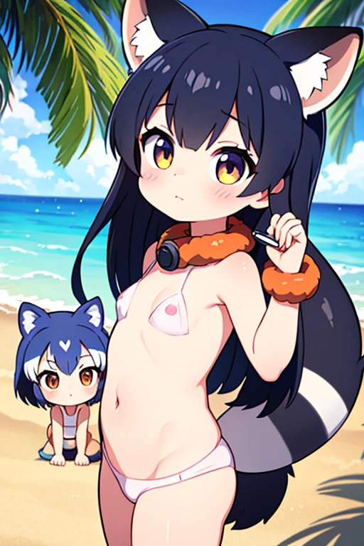 Two slightly young looking girls、They are playing together naked。
The girl on the left in the picture、It has raccoon ears on its head、Her hair is blue-gray with a raccoon pattern.、The hairstyle is short、The look on the face「Kemono Friends3」Similar to the raccoon dog、The color of the eyes is auburn、Wearing a collar with a blue ribbon、Has a raccoon tail on his butt。
The right side of the image、He has fox ears on his head、Her hair is orange-yellow and her bangs are slightly flipped outwards.、The hairstyle is long hair、The look on the face「Kemono Friends3」Similar to the Ezo red fox、The eye color is hazel、She wears a pink ribbon collar、Has a fox tail on his butt。
The background is a tropical beach with palm trees.、A composition that includes both people's entire bodies in the image、Both of them are posing cutely、They are having lesbian sex while flirting on the beach。
Moe drawings using pen and watercolor。