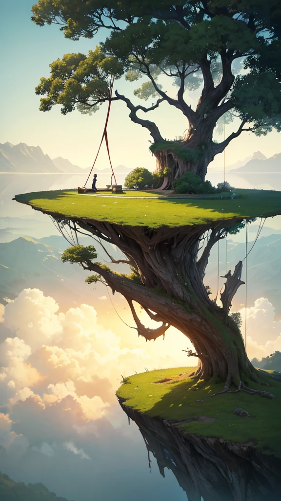 Create an image featuring a surreal landscape. In the center, there is a large, lush green tree with a dense canopy shaped like an umbrella. This tree is perched atop a curved, towering piece of land that resembles a broken tree trunk. Below the trunk piece, on the ground, there is a small wooden boat resting on what appears to be water or another reflective surface. Attached to the top of the curved land piece is a rope that extends downward. At the end of this rope, there is a figure climbing towards the tree. The background has a gradient of warm tones giving an overall dreamlike and serene atmosphere to the scene.